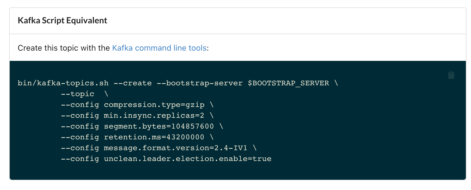 An example of the Kafka Script Equivalent inside of Kpow&#39;s Topic Create UI